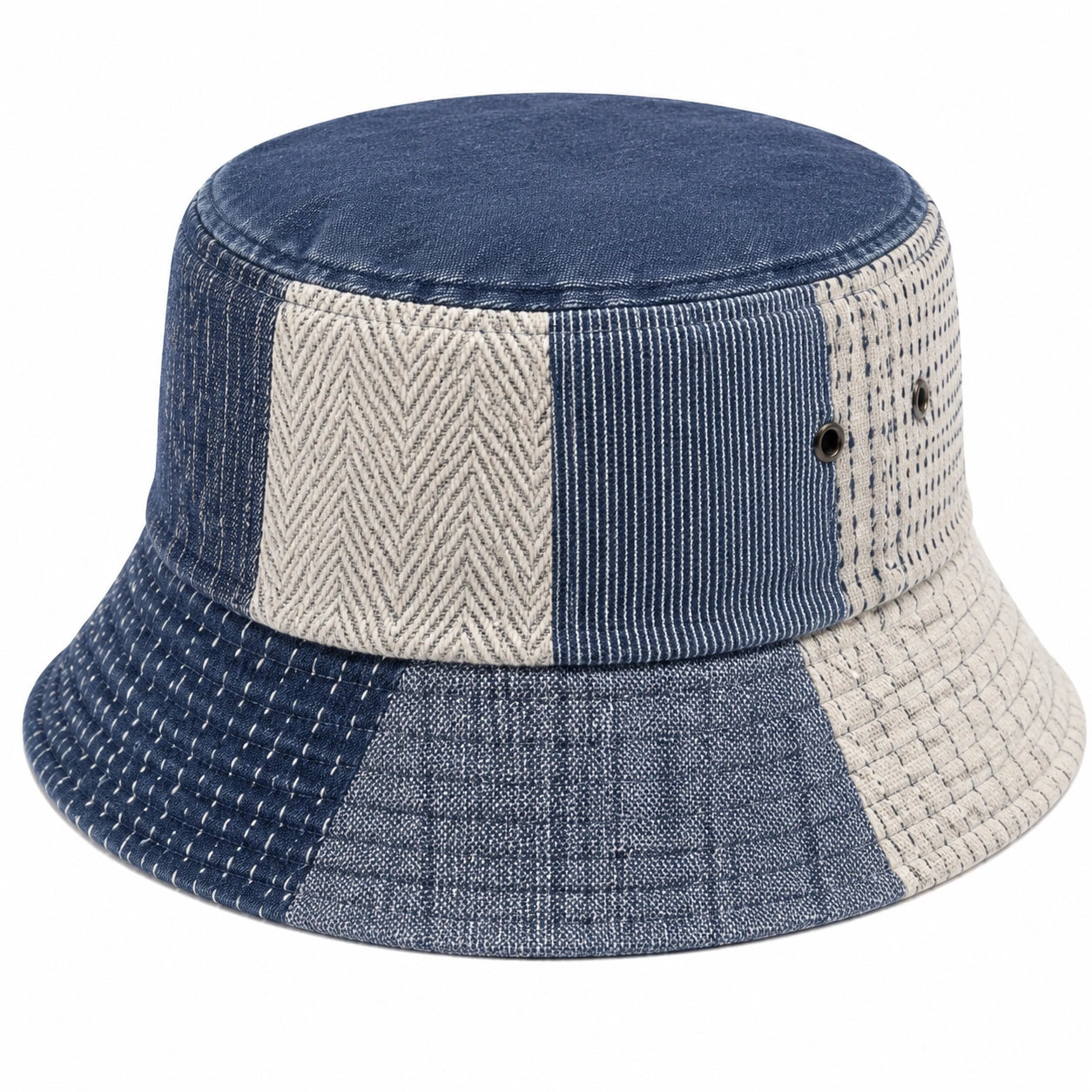 Bucket-Hut Einheitsgröße aus Textil Blau Beige im Patchwork-Stil