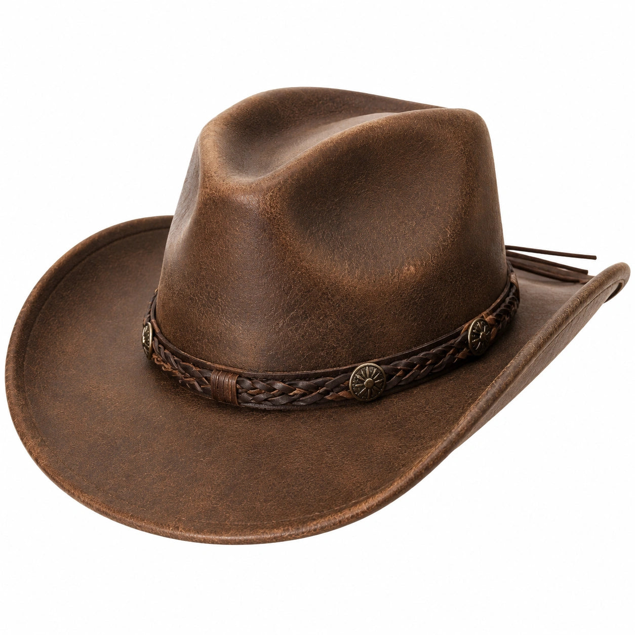 Cowboyhut Einheitsgröße in brauner Lederoptik mit geflochtenem Hutband
