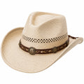 Cowboyhut Einheitsgröße aus geflochtenem Stroh in Beige mit Dekoband im Westernstil