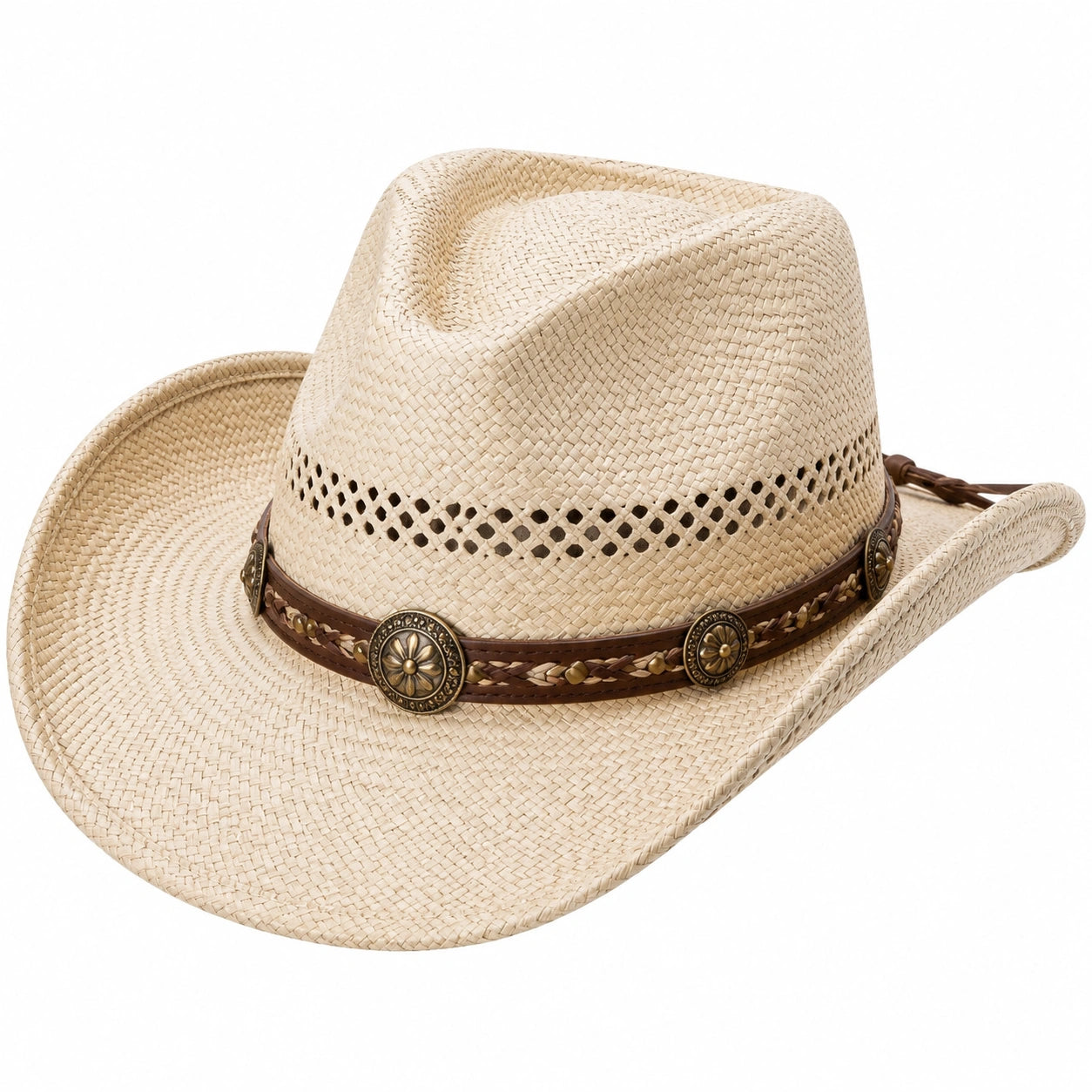 Cowboyhut Einheitsgröße aus geflochtenem Stroh in Beige mit Dekoband im Westernstil
