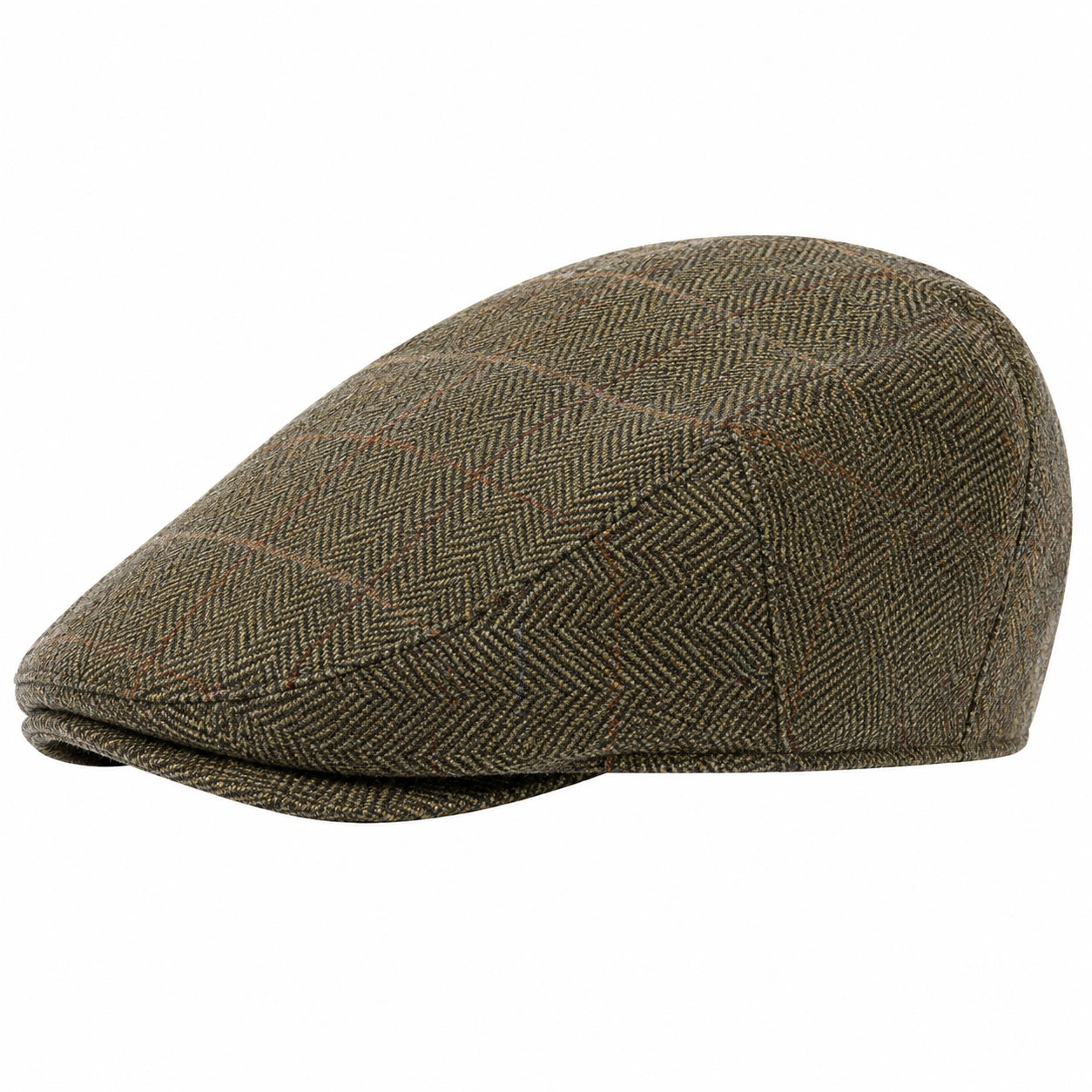 Schiebermütze Einheitsgröße aus Tweedstoff Olivgrün Braun kariert klassischer Stil