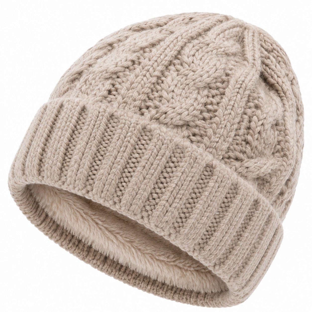 Strickmütze Einheitsgröße Beige mit Zopfmuster und weichem Futter