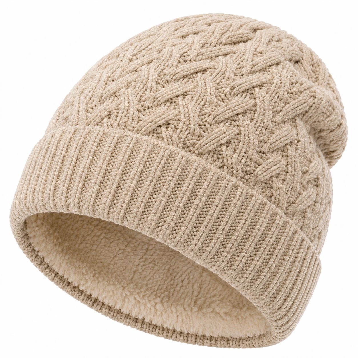 Strickmütze Einheitsgröße Beige mit Teddyfutter für Winter
