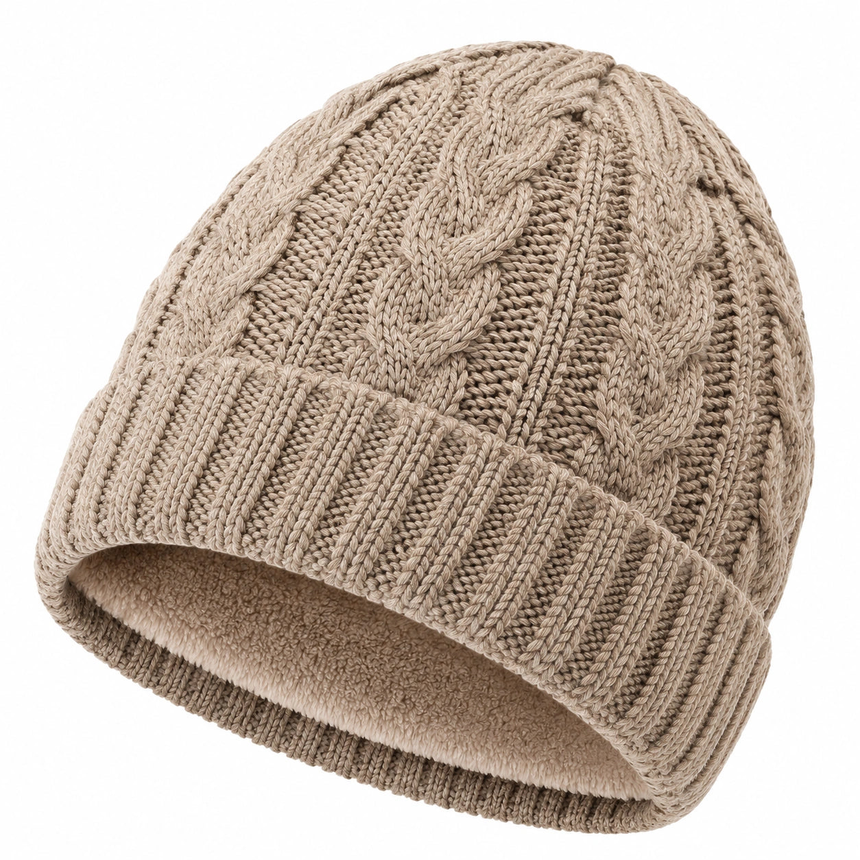 Strickmütze Einheitsgröße Beige mit Fleecefutter und Zopfmuster