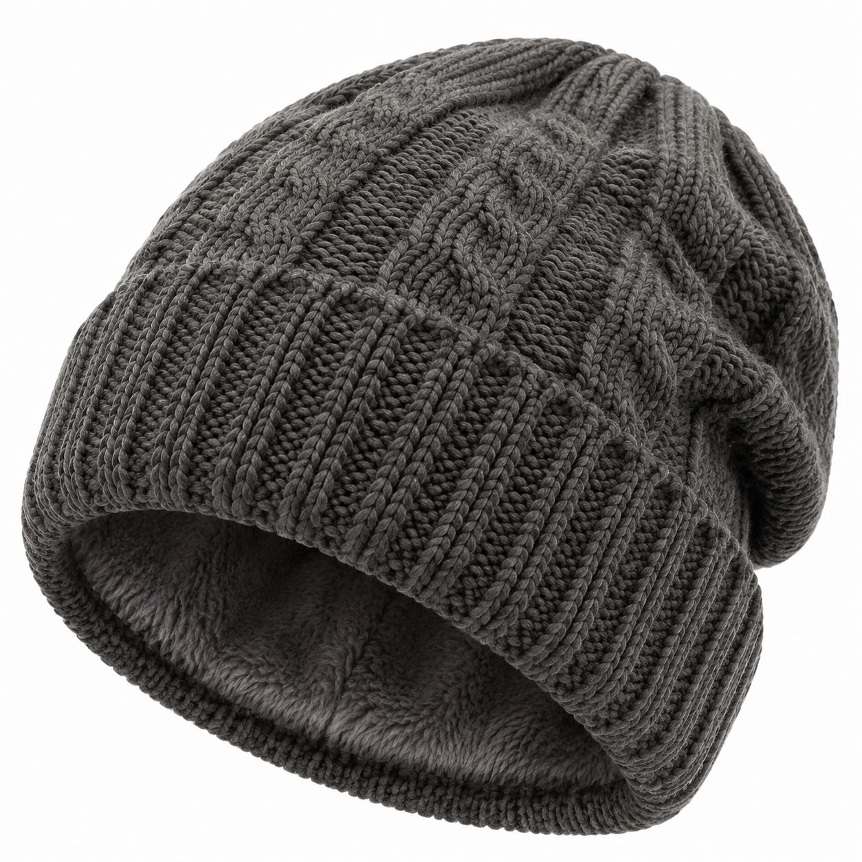 Strickmütze Einheitsgröße aus Strickmaterial Grau mit Fleecefutter für den Winter