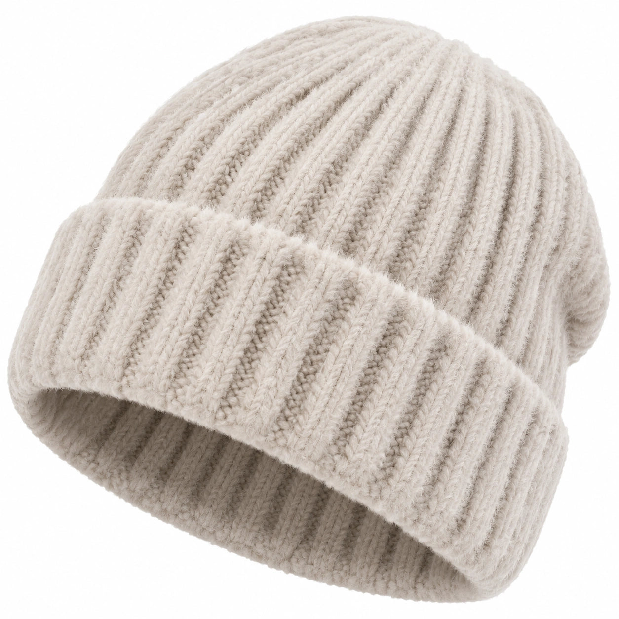 Strickmütze Einheitsgröße Beige mit Rippstruktur und Umschlag für Damen und Herren